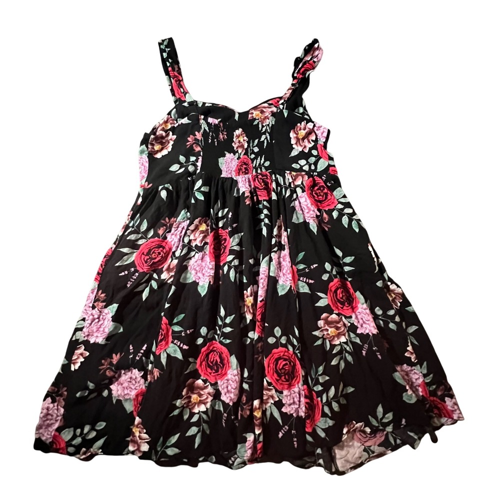 Torrid Floral Sun Dress Women 2 Black Red Rose Smocked Back Pockets 11844401 - Picture 2 of 8